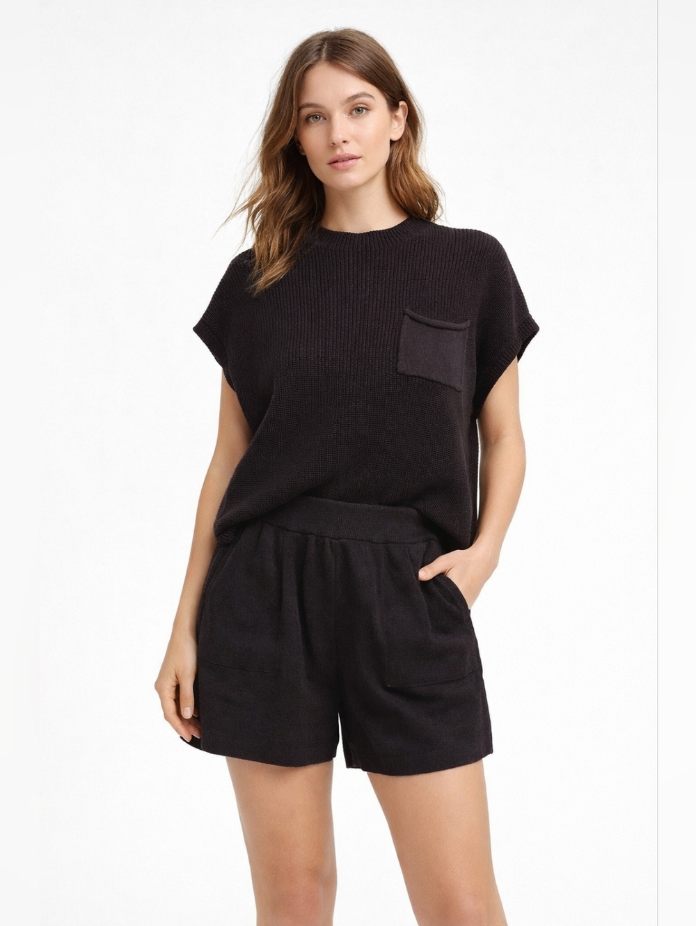 Black Knit Pocket Short-Sleeve Top - Unbranded